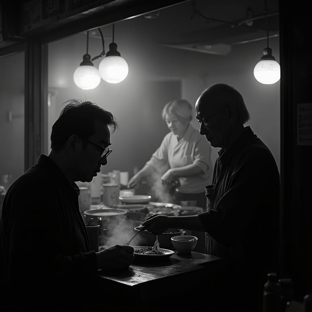 Man Eating Ramen in Old Japanese Movie Style
