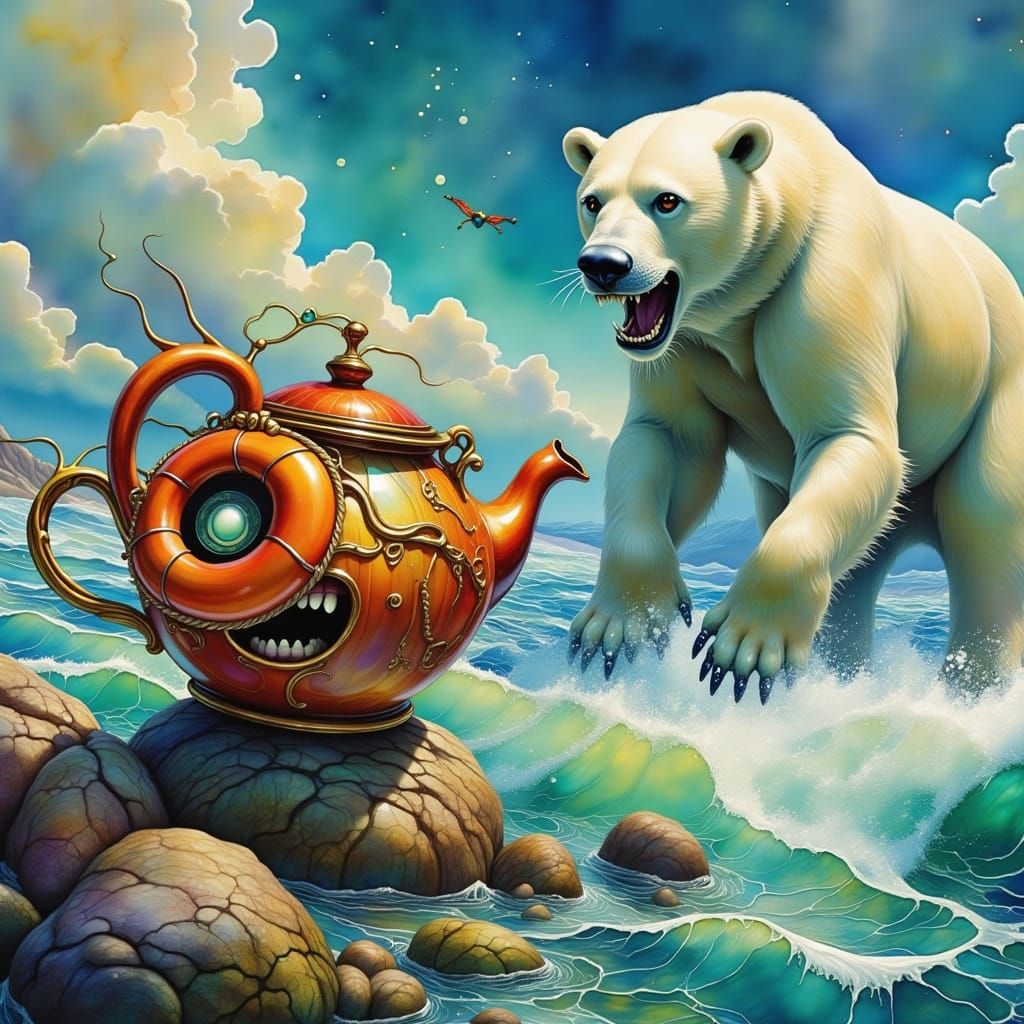 Terrified Teapot and Polar Bear in Eerie Landscape
