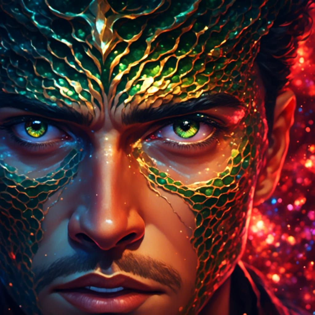 Monstrous Emerald Man with Snake Scales Portrait