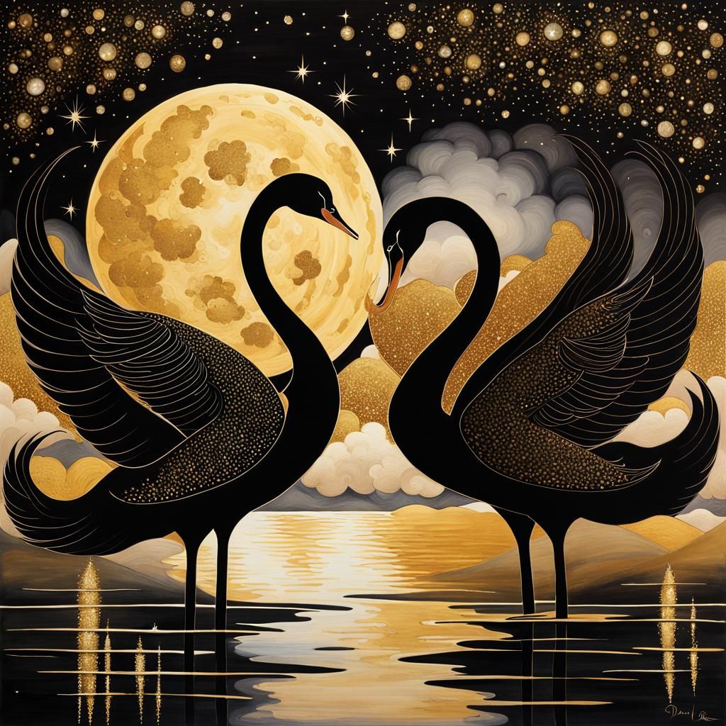 Black and Gold Swans in Moonlit Watercolor