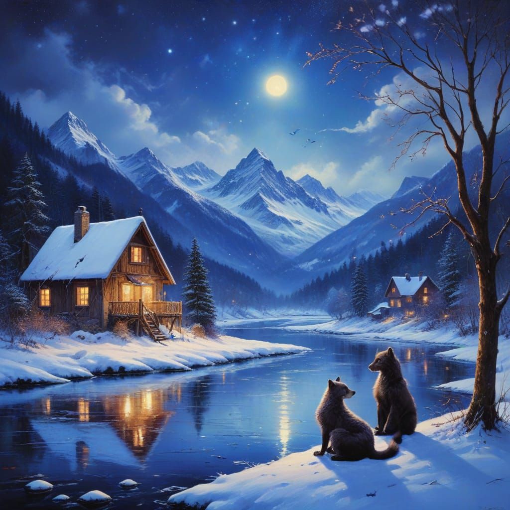 Winter Wonderland with a Family of Martens in Hyperrealistic...