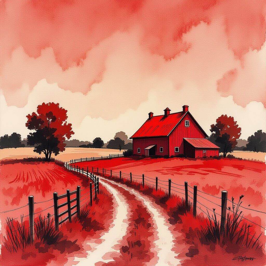 Monochromatic Red Farm: An Atmospheric Ink Wash