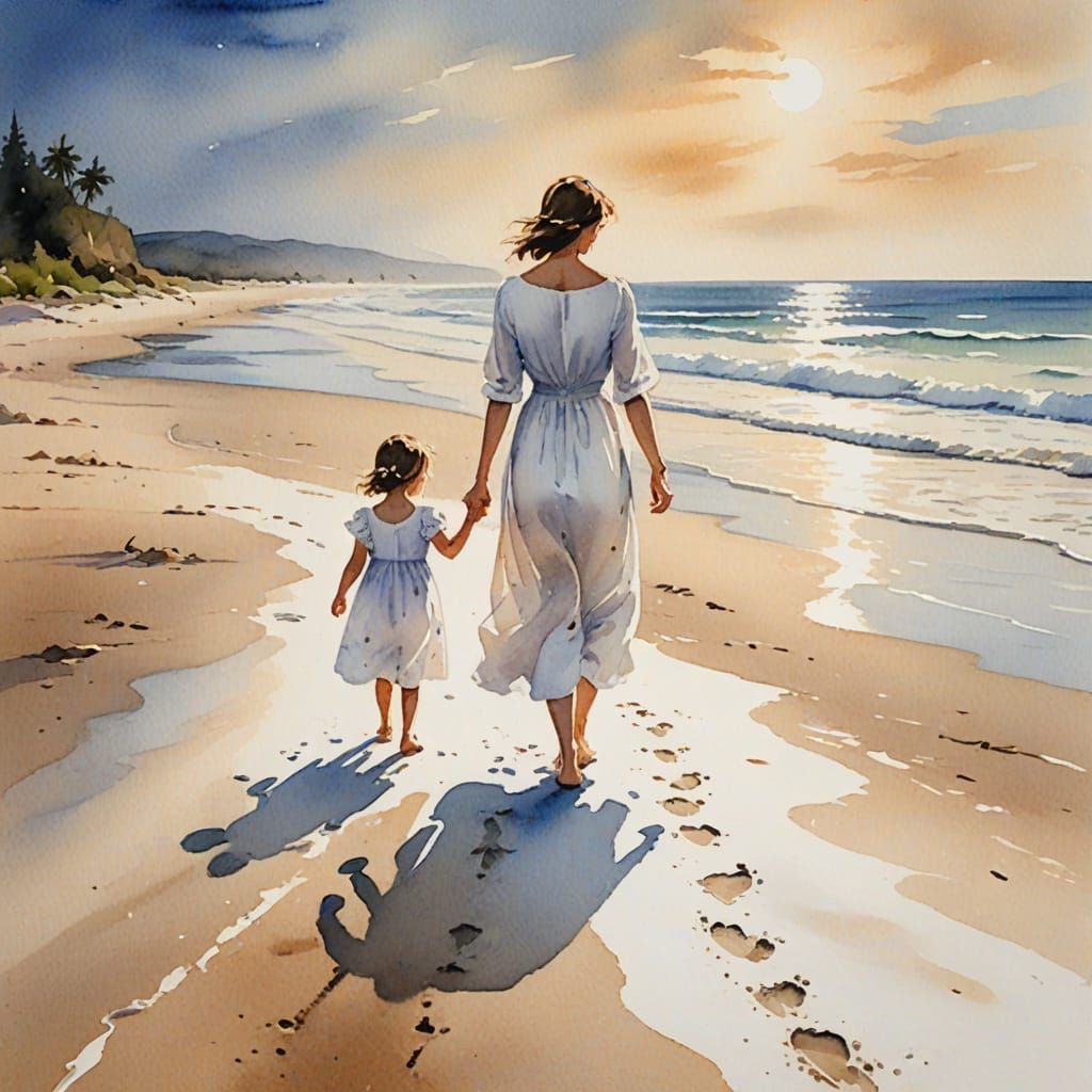 Woman and Child on Beach in Watercolor Style
