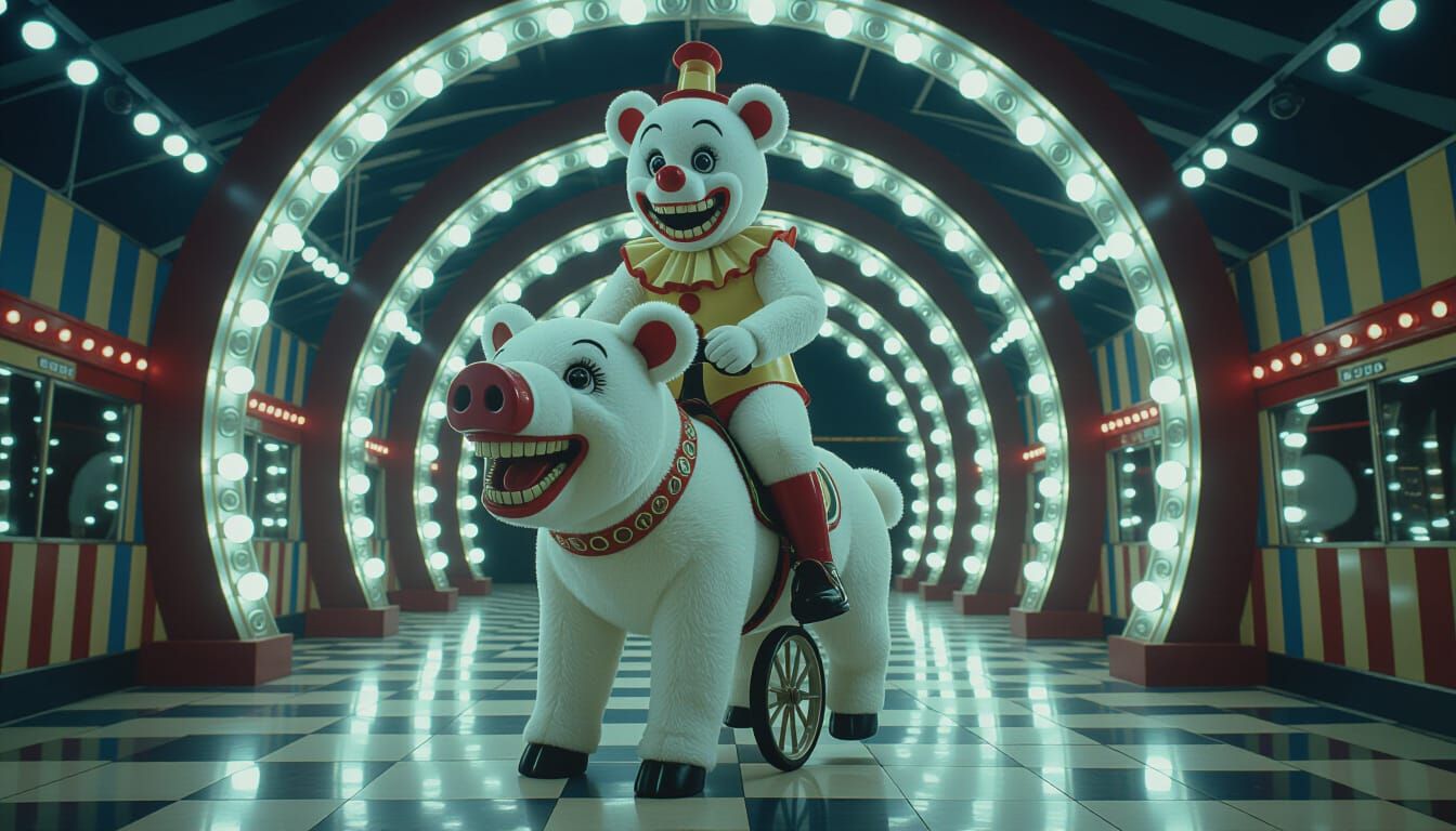 Clown and Teddy Bear in Nebula, Anamorphic Style