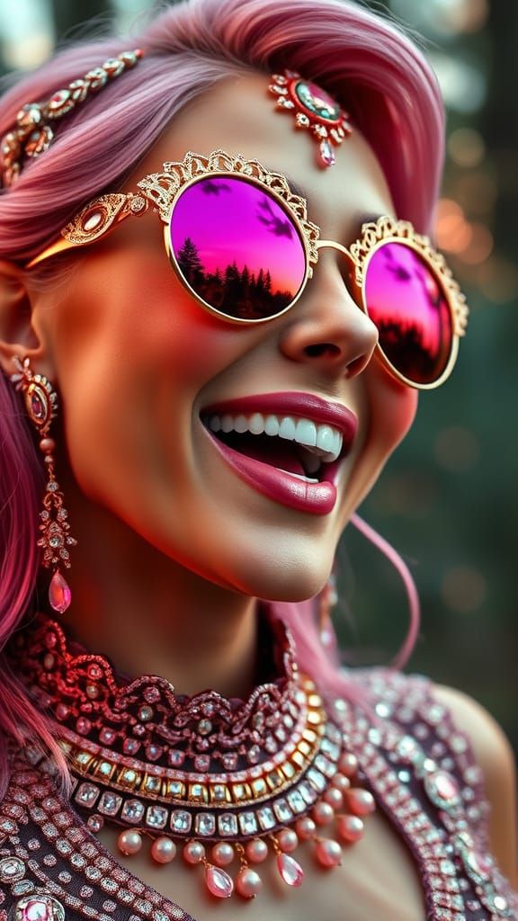 Woman Laughing in Pink and Gold Filigree Sunglasses