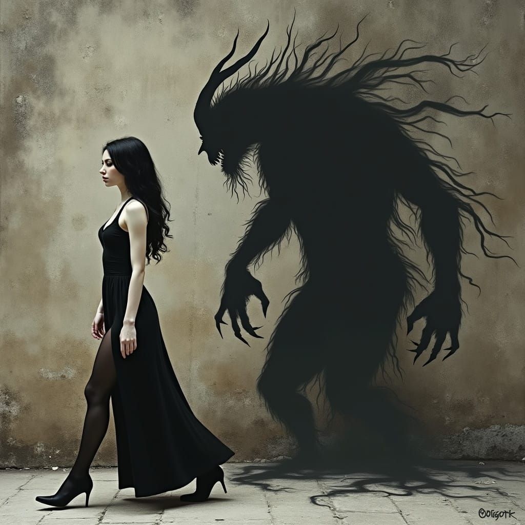 A Gothic Woman's Shadow Takes Form in Dark, Twisted Majesty