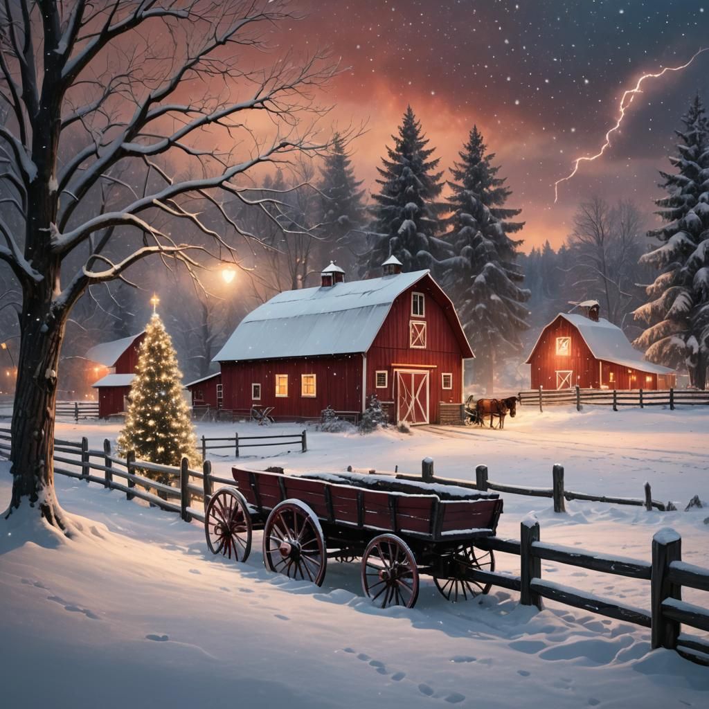 digital art of a scene winter snowy scene of a old peeling red faded barn(a lightning window) and horse behind wooden fe...