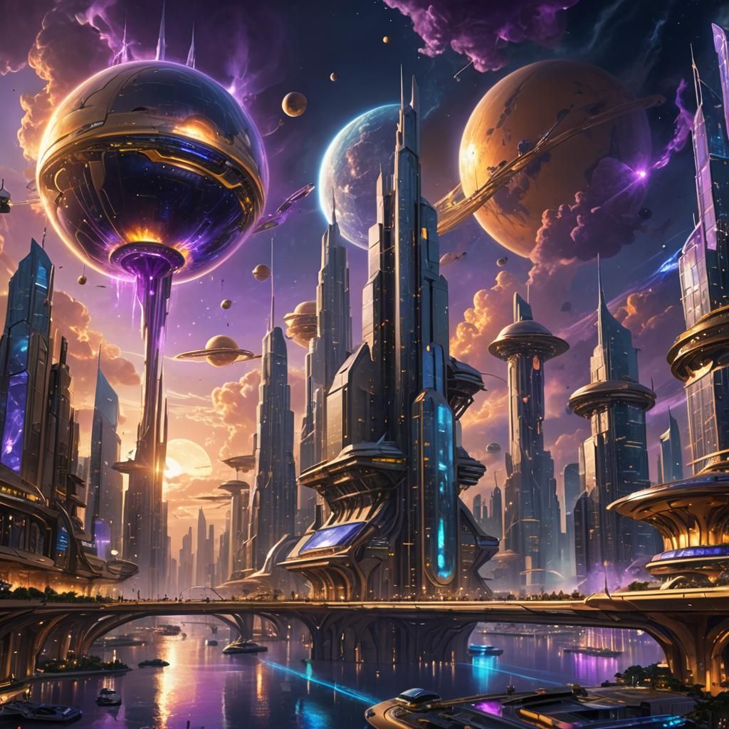 Futuristic Golden City Reaching Cosmic Skies