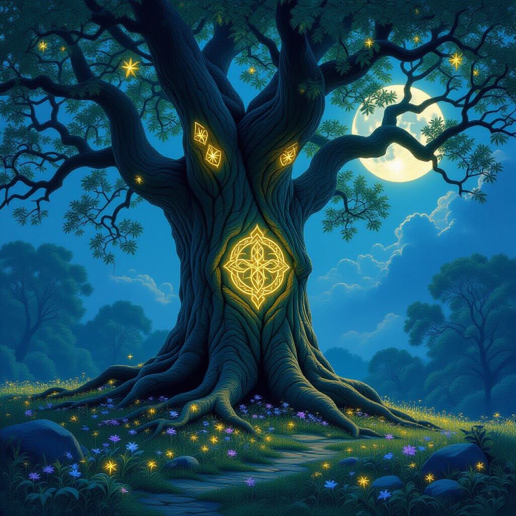 Ancient Tree with Glowing Runes in Moonlit Clearing