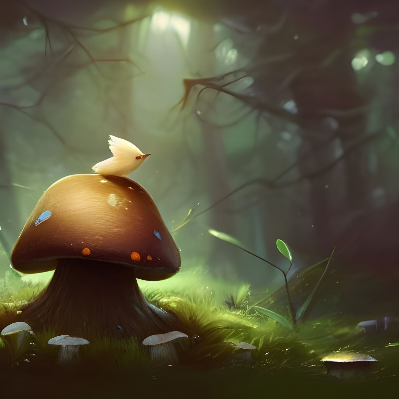 Enchanting Forest Bird on Mushroom, Hyperdetailed Art