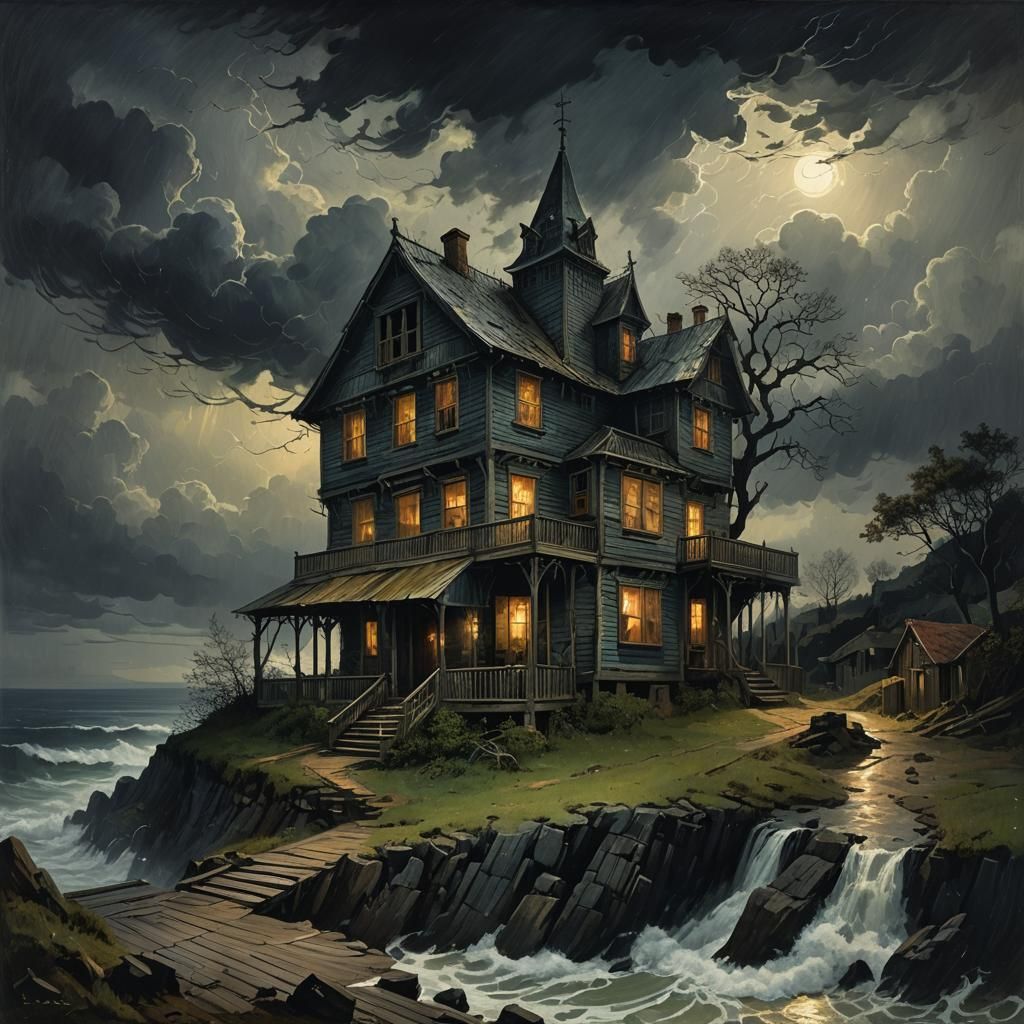 Impressionistic House Above Stormy Night Sea