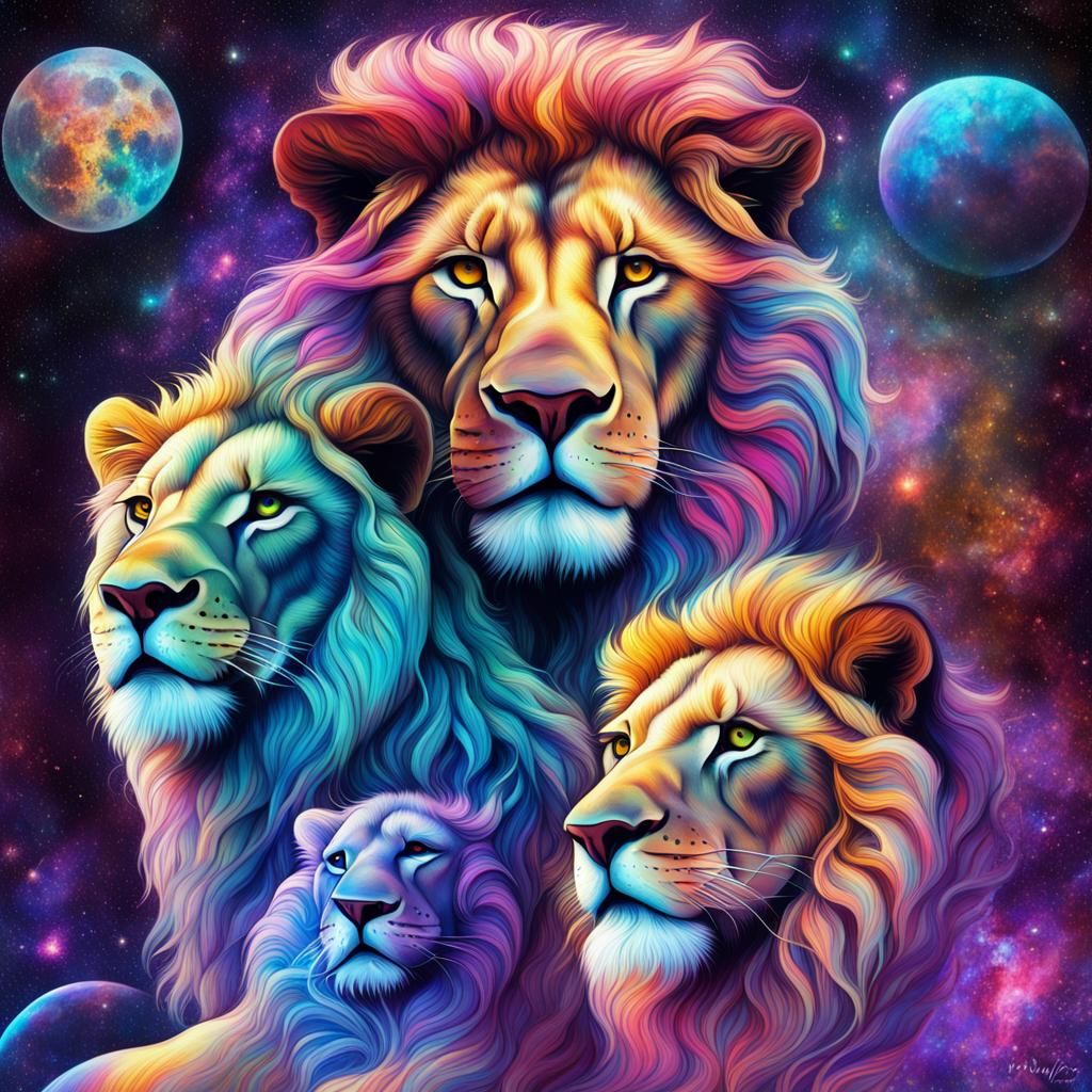 Holographic Lions in Cosmic Astral Illustration
