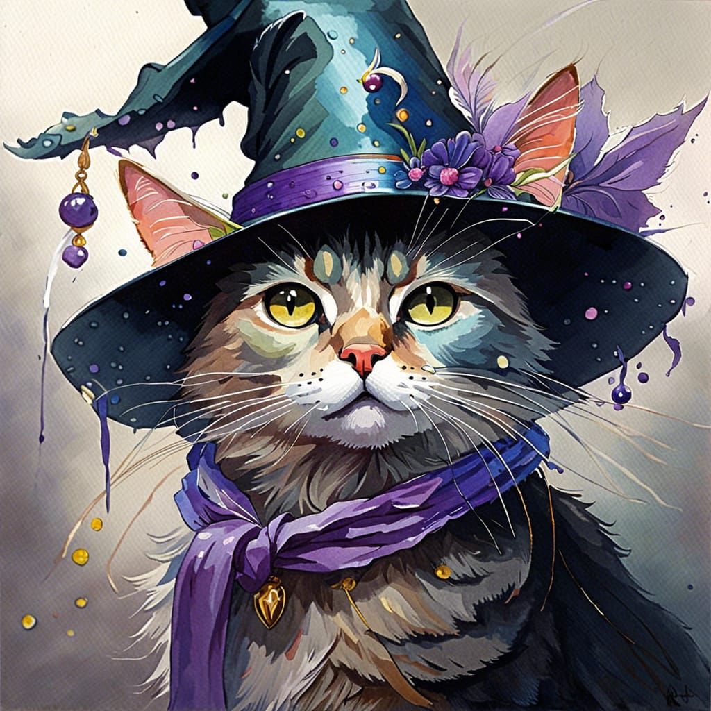Fancy Cat in Witch Hat Watercolor Portrait