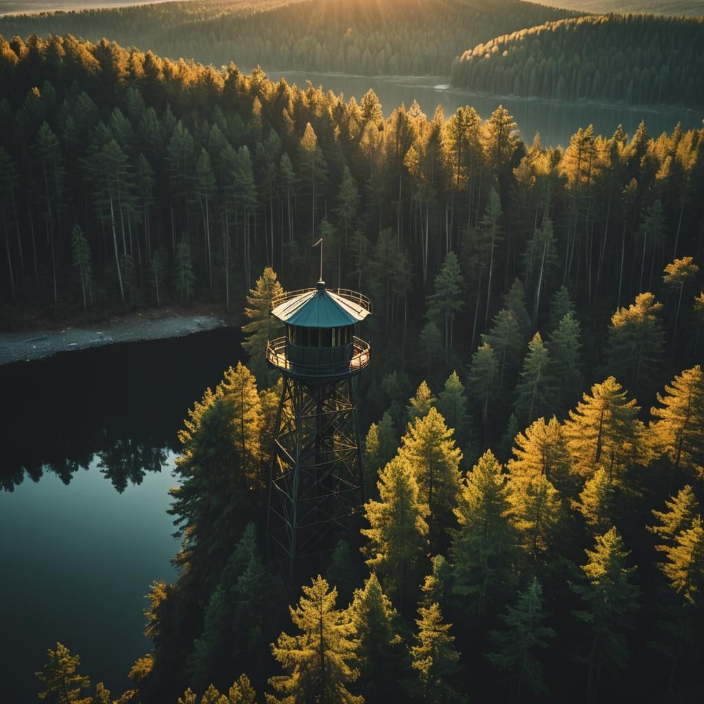 Forest Watch Tower at Sunrise: Cinematic Film Still