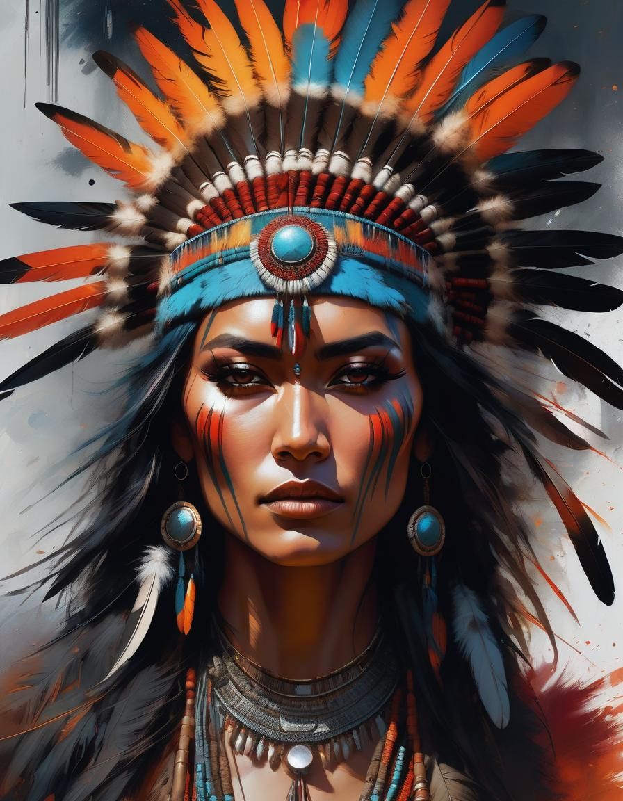 Native American Woman with Warpaint and Feathers