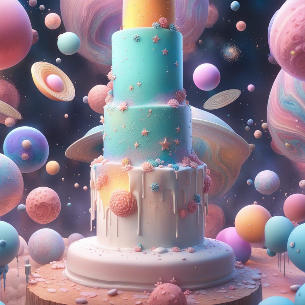 Galactic Wedding Cake with Planets in Digital Art