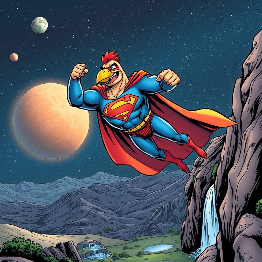 Heroic Chicken Sandwich Soaring Through Space Comic Art