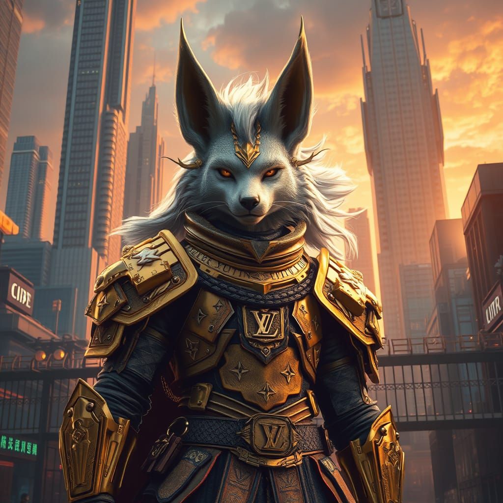 Cyberpunk Kitsune Warrior Guards Futuristic City Gates
