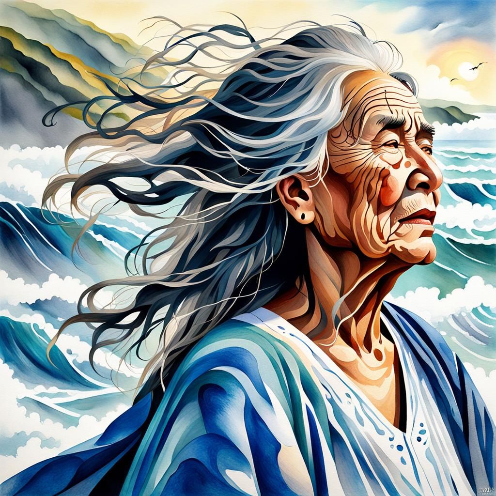 Maori Woman Weeping on Windswept Hill in Watercolor Style