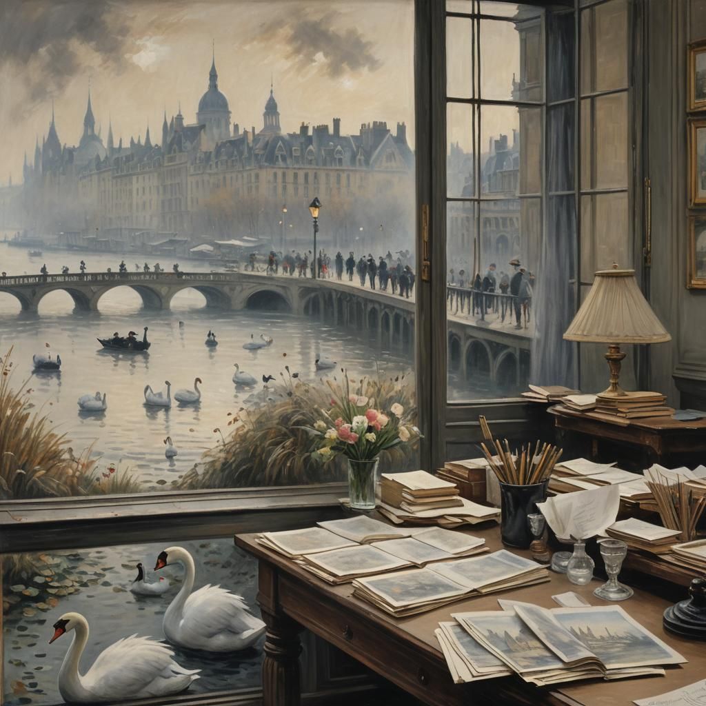 Monet-Style Swan Drawings in Elegant Library