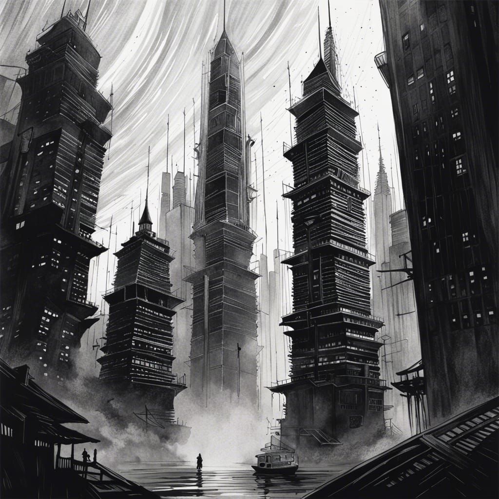 Ethereal Black and White Towering Cityscape