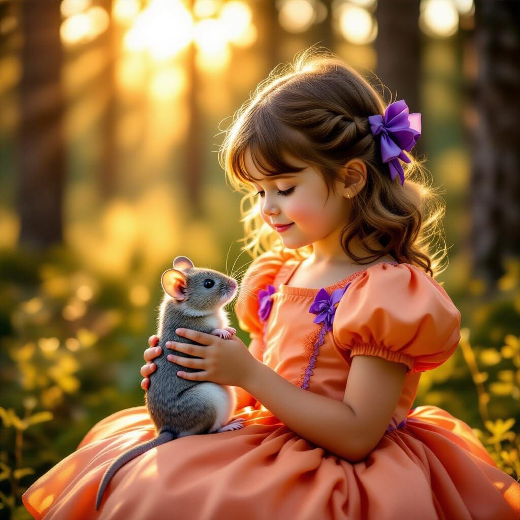 Girl Tenderly Holds Mouse in Sunlit Forest