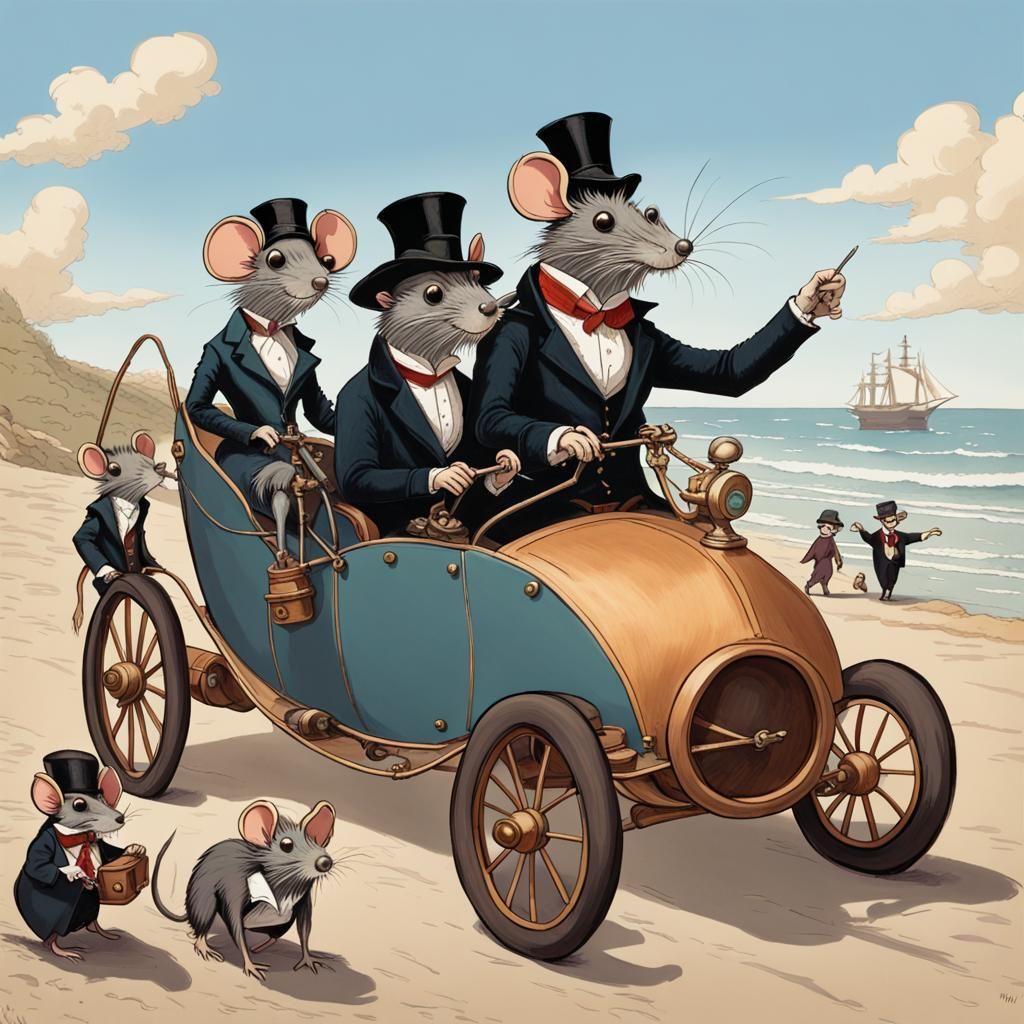 Victorian Rat Family's Seaside Trip in Cartoon Style