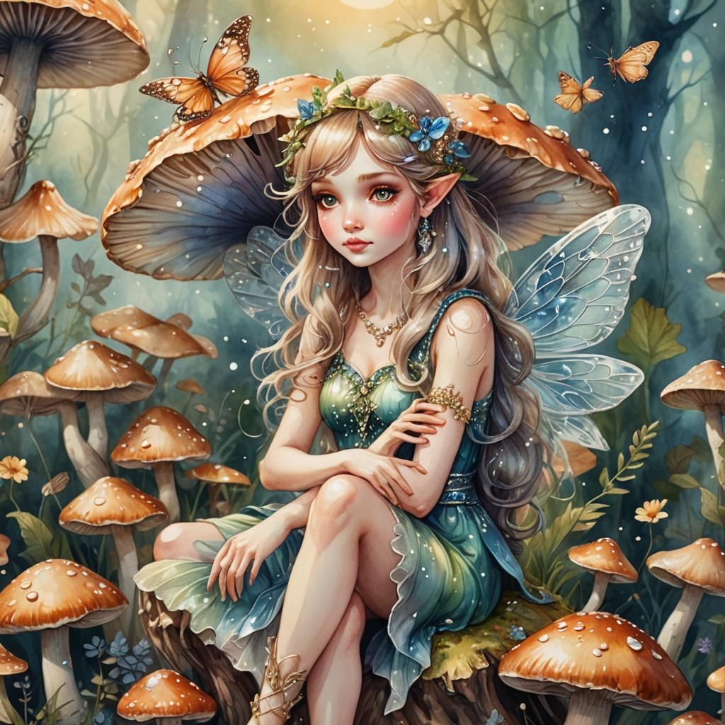 Diamond Winged Fairy on Mushroom in Watercolor Style