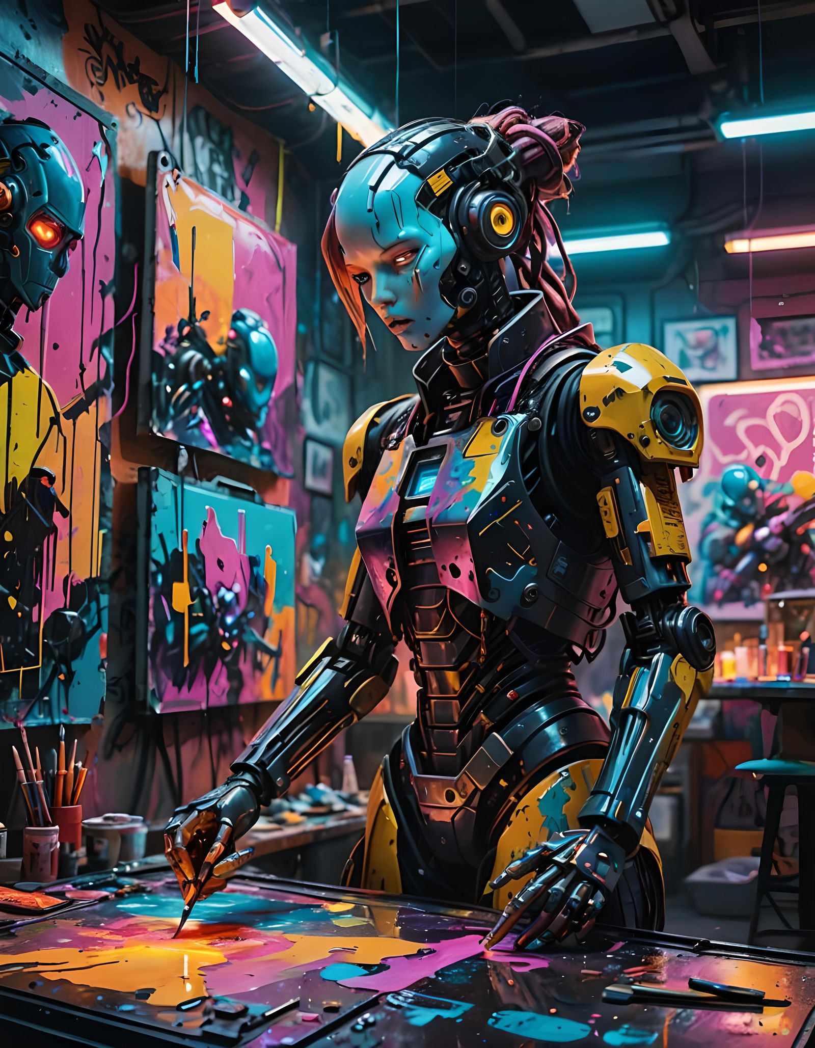 Robot Painter in Cyberpunk Sci-Fi Art Gallery