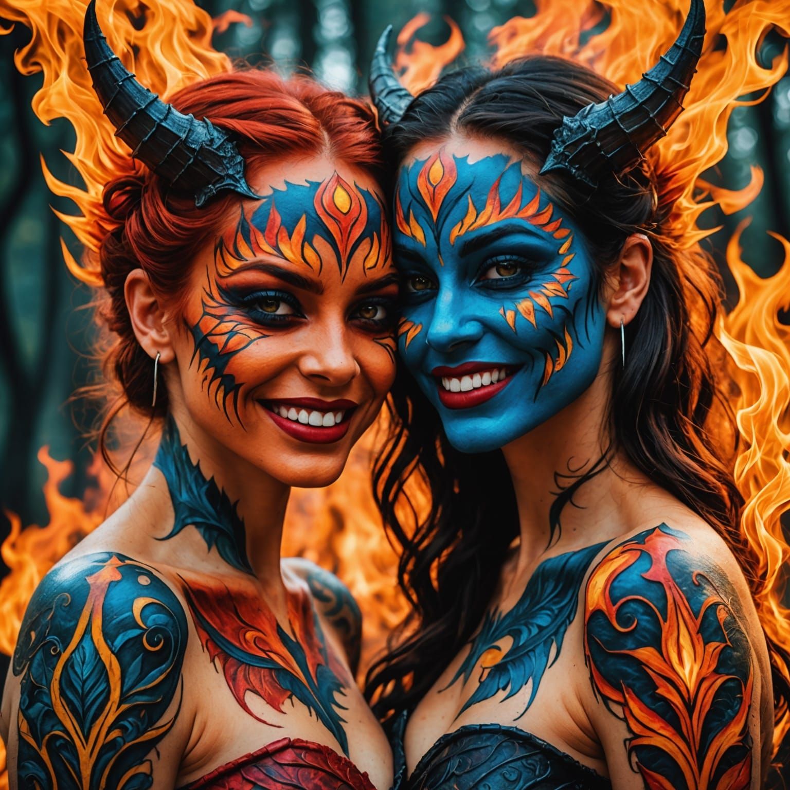 Striking Devil Women in Fiery Landscape Art