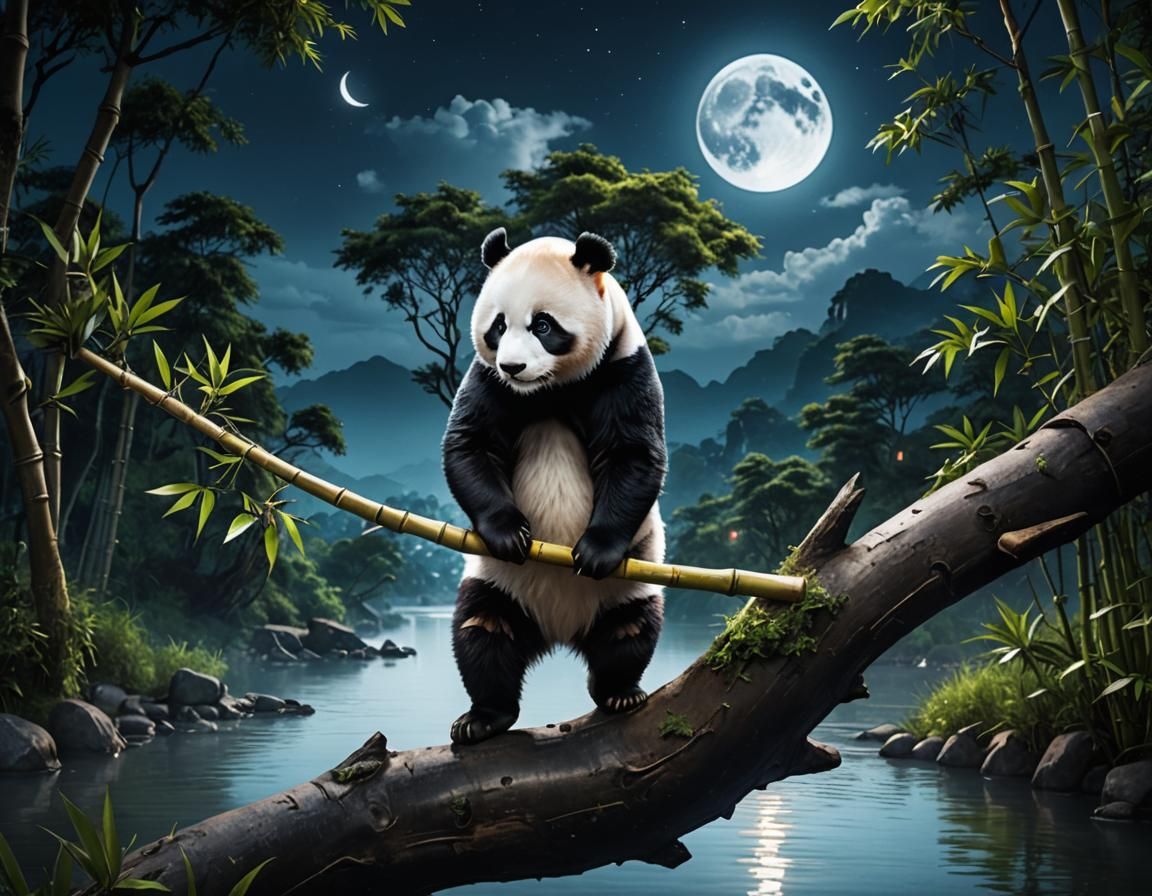 Panda on Branch Under Moonlight