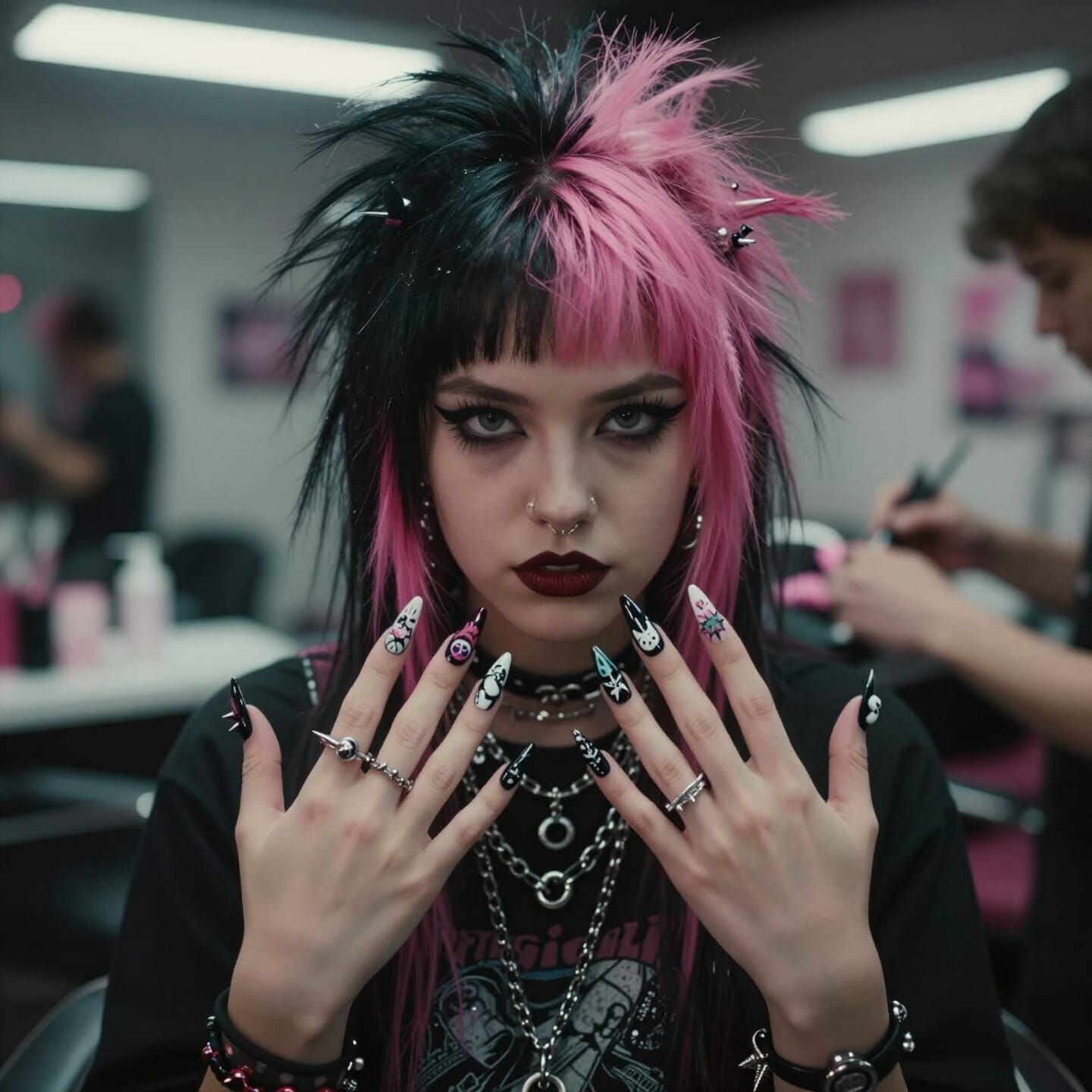 Punk Girl With Black Pink Hair At Nail Salon