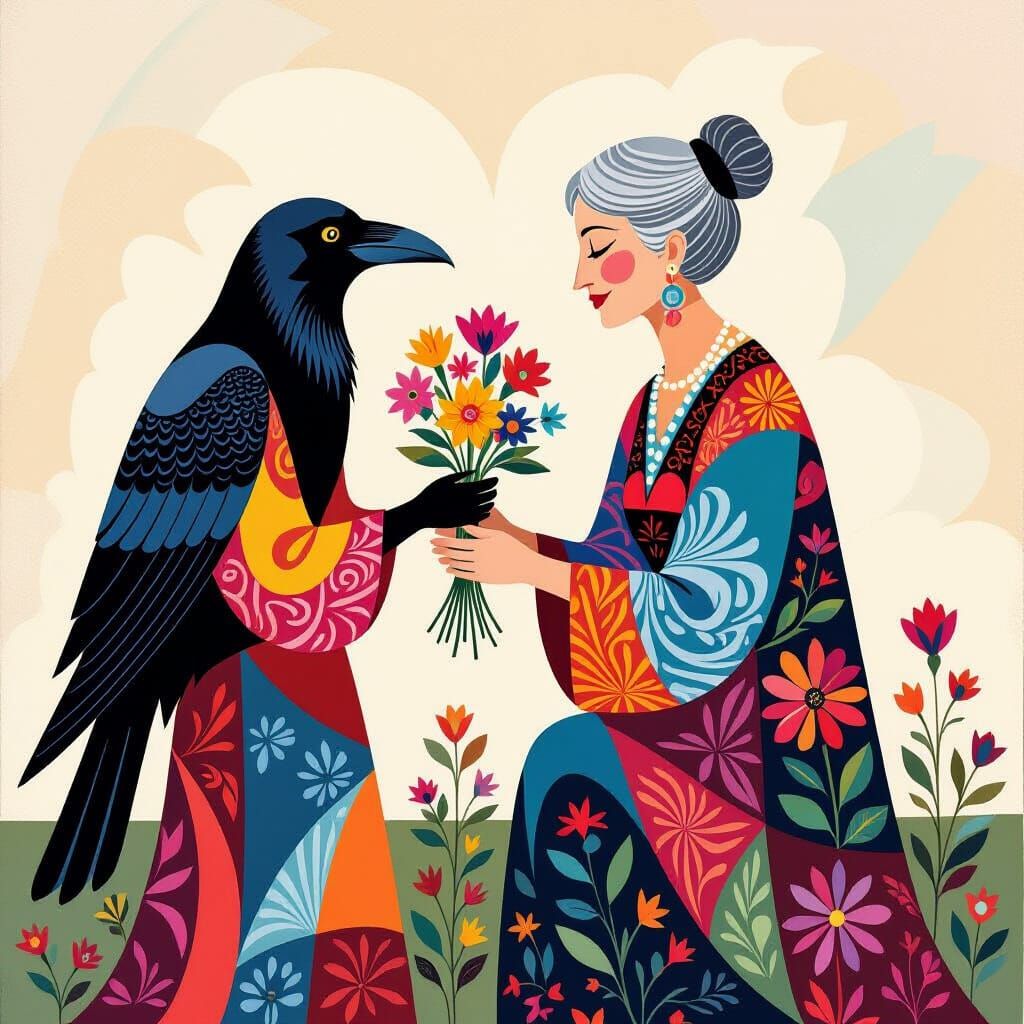 A vigorously stylized painting of a raven offering flowers t...