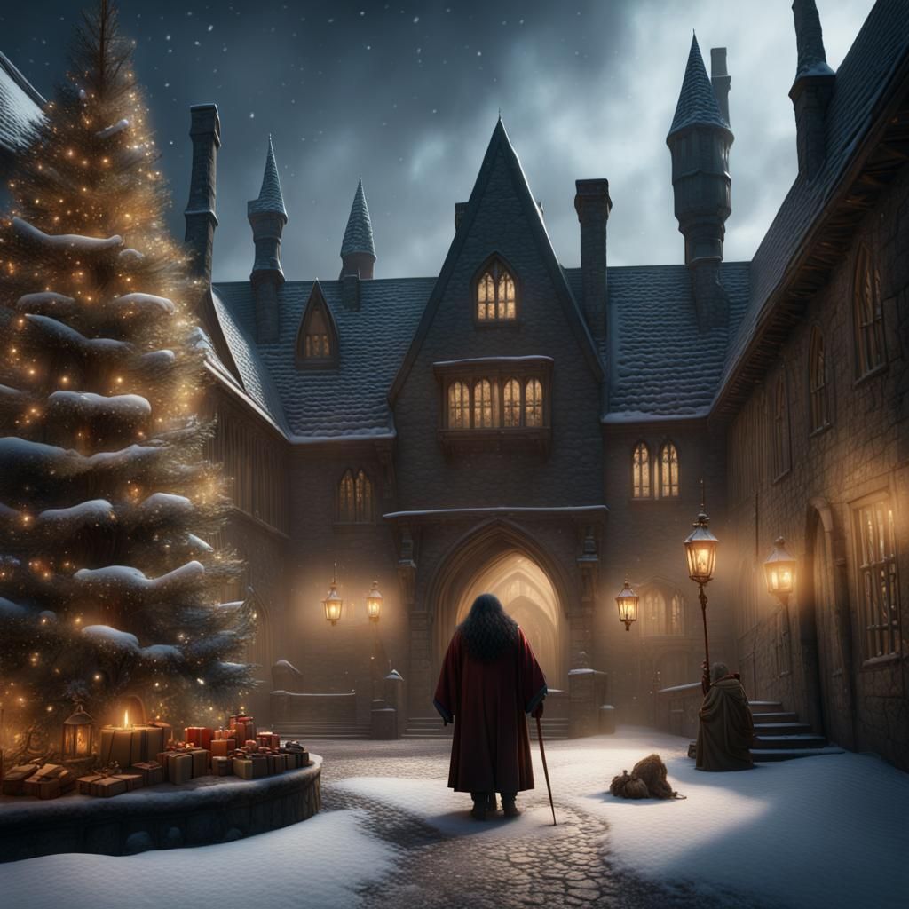 Hagrid and Christmas Tree in Snowy Hogwarts Courtyard