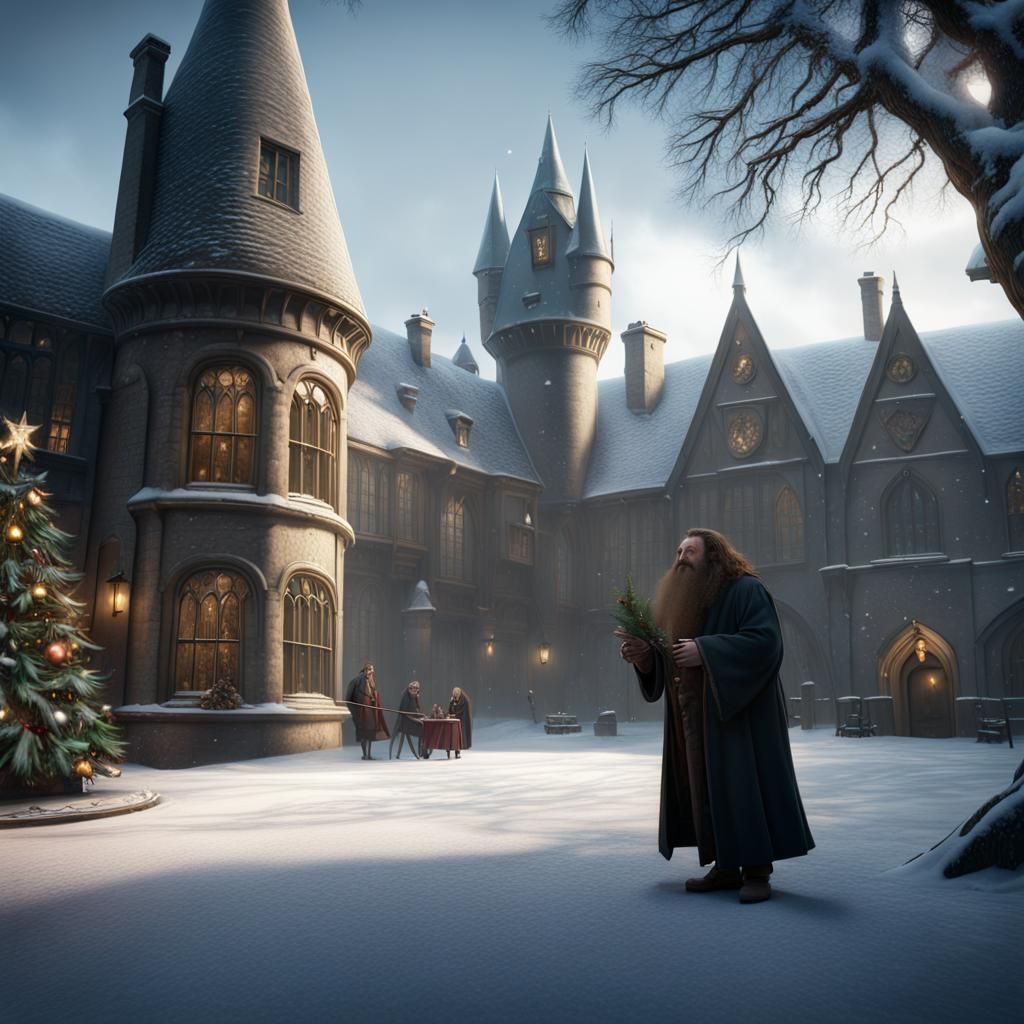 Hogwarts Courtyard in Winter: Hagrid and Christmas Tree