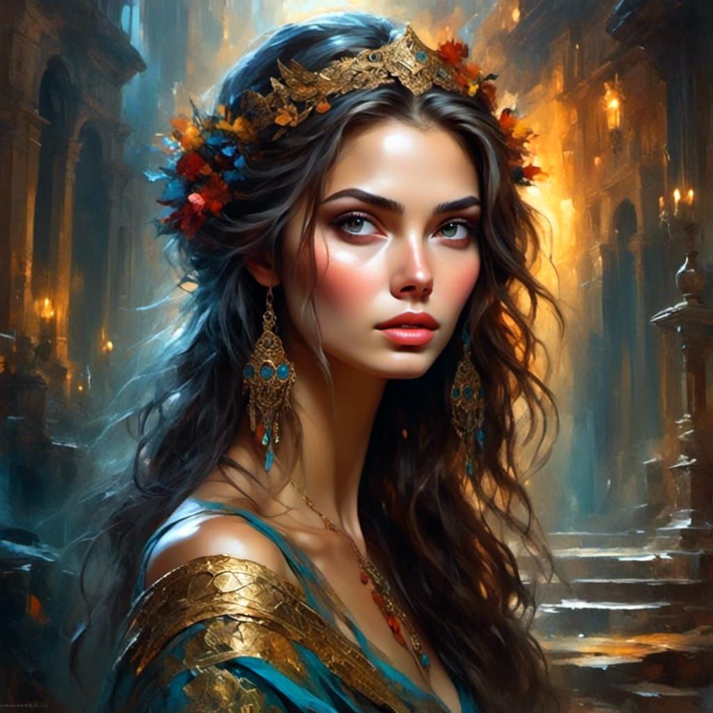 Exotic Priestess in Torchlight, Mixed Media Art