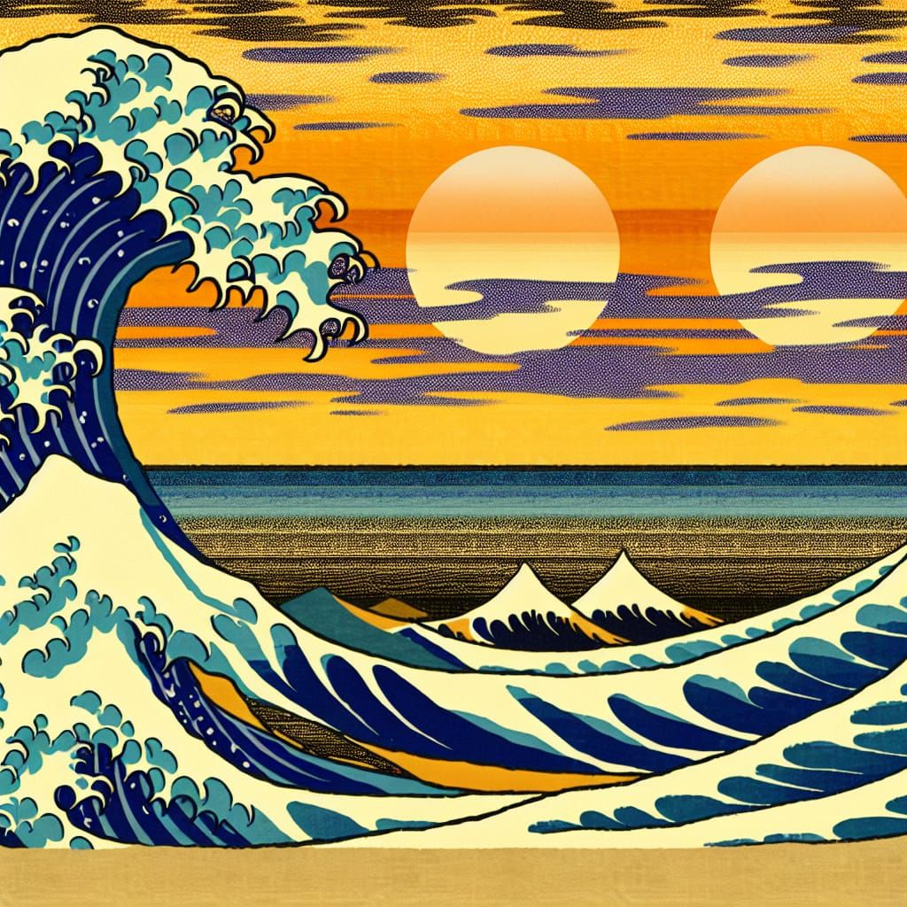 Japanese Woodblock Print-Inspired Beach Sunset