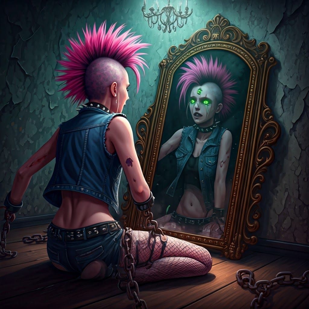 Chained Punk Girl and Mirror Demon in Dark Surrealism