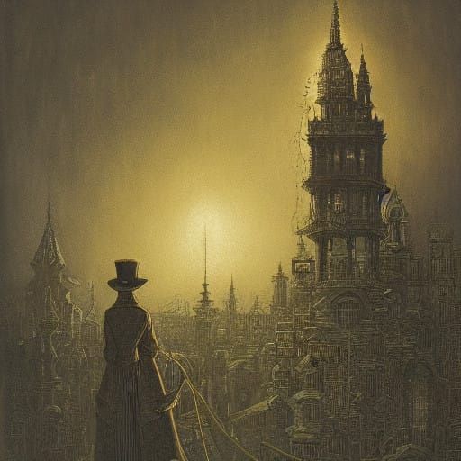 Steampunk Woman Illuminates Golden City
