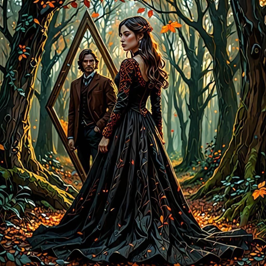 Woman in Black Dress in Autumn Forest