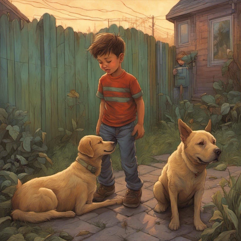 Boy and Dog Playing: Surrealist-Inspired Backyard Scene