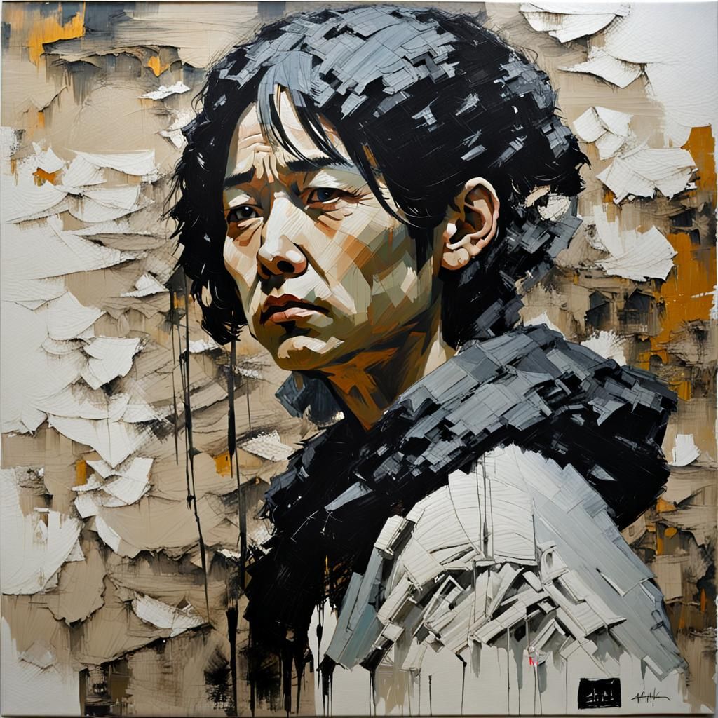 Sad Geisha Portrait as Impasto Oil Painting