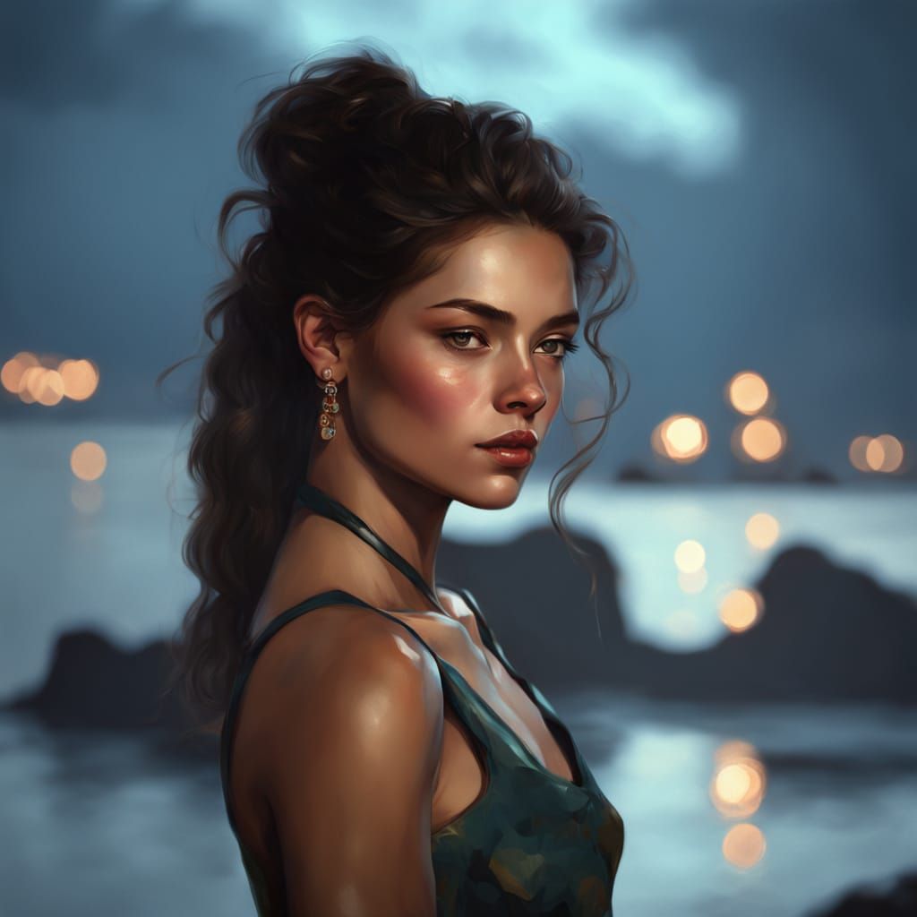 Elegant Woman on Cliff Overlooking Ocean, Oil Painting Style