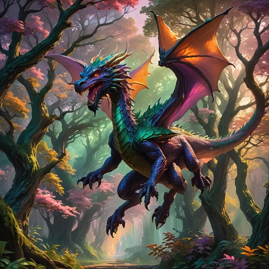 Mythical Dragon Flight in Impressionist Style
