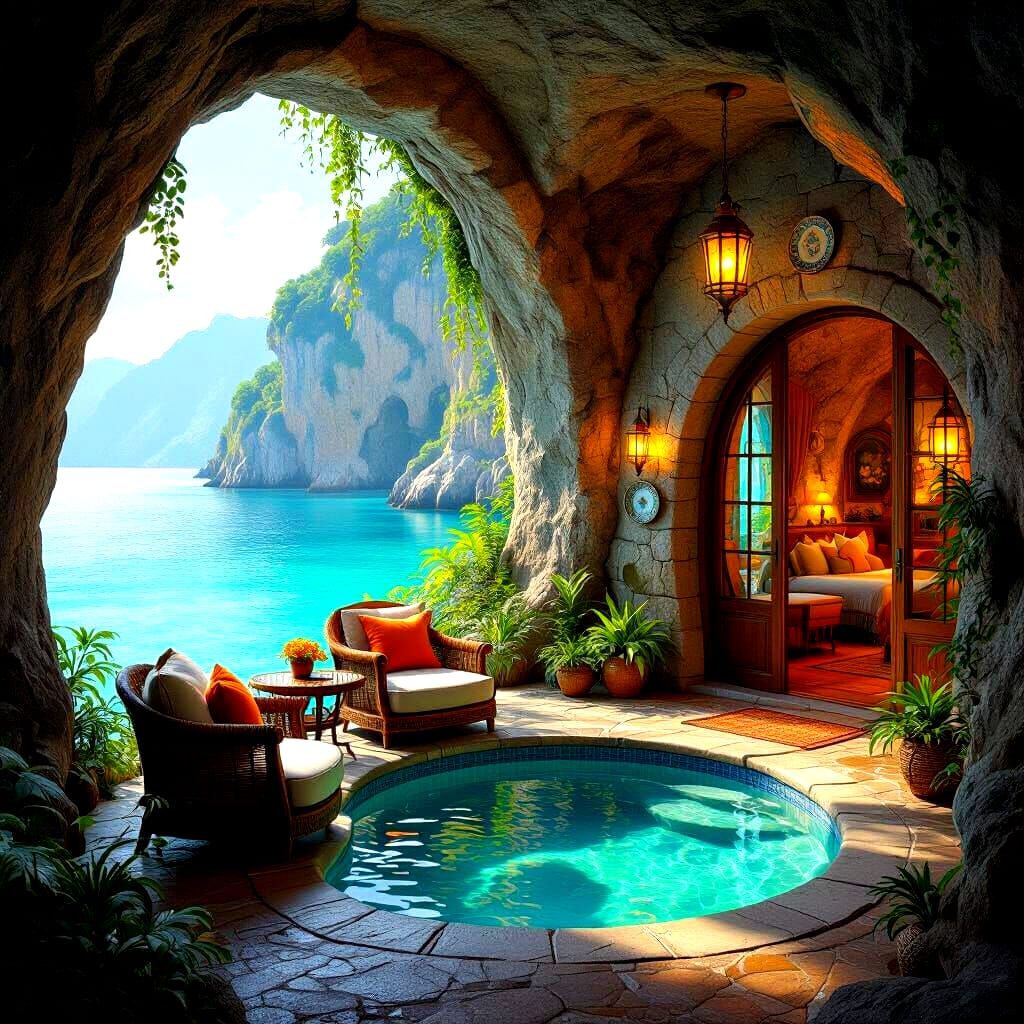 Luxurious Cave Retreat Overlooking Turquoise Lagoon