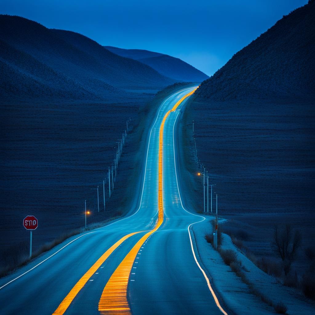 Highway at Sunrise with Stop Sign