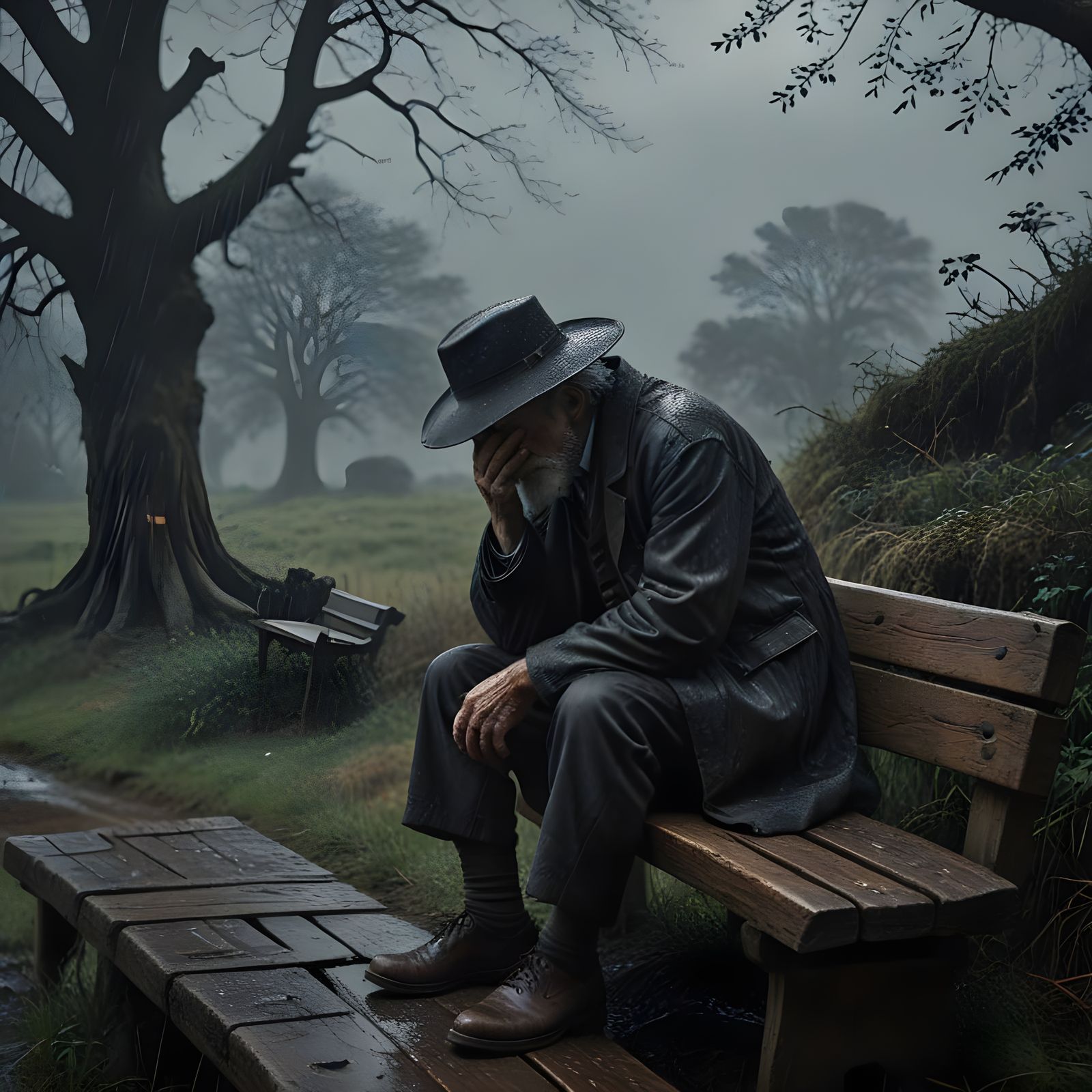 Mysterious Figure in a Dark Countryside Landscape