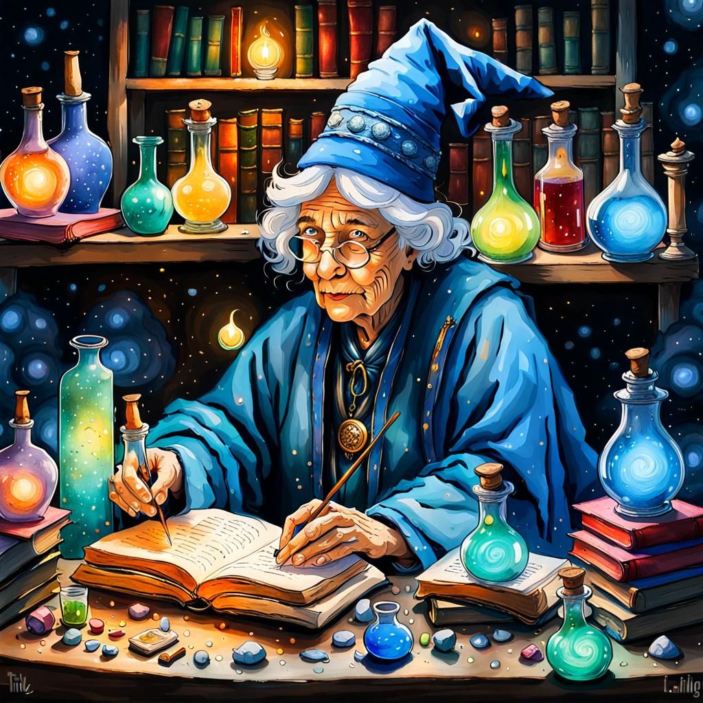 Enchanting Wizard Portrait in Alcohol Ink Style