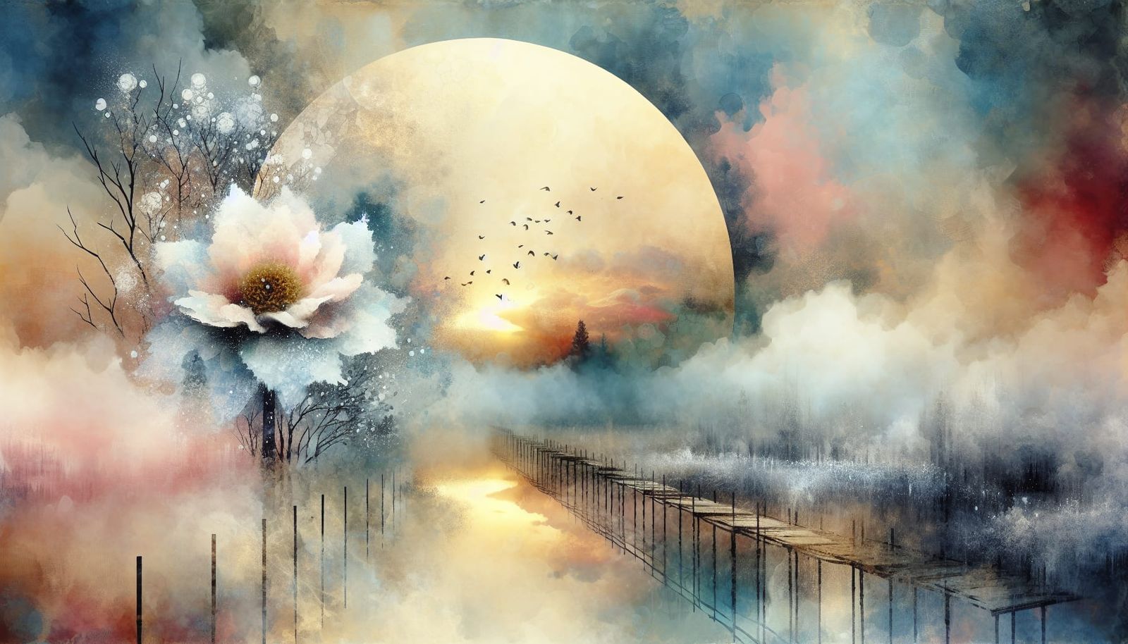 Ethereal Blooming Flower in Snow, Watercolor Art