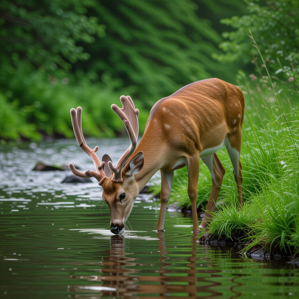 Deer Sipping Water from River